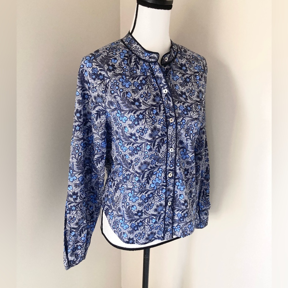 Evereve Sheila Floral Batik Piped Top Blue Black Size S - Picture 4 of 8
